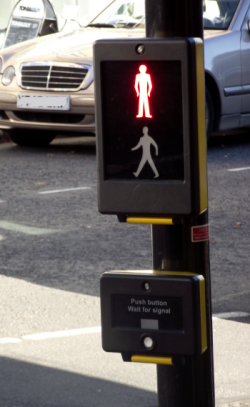 Puffin crossing pedestrian button and warning lights